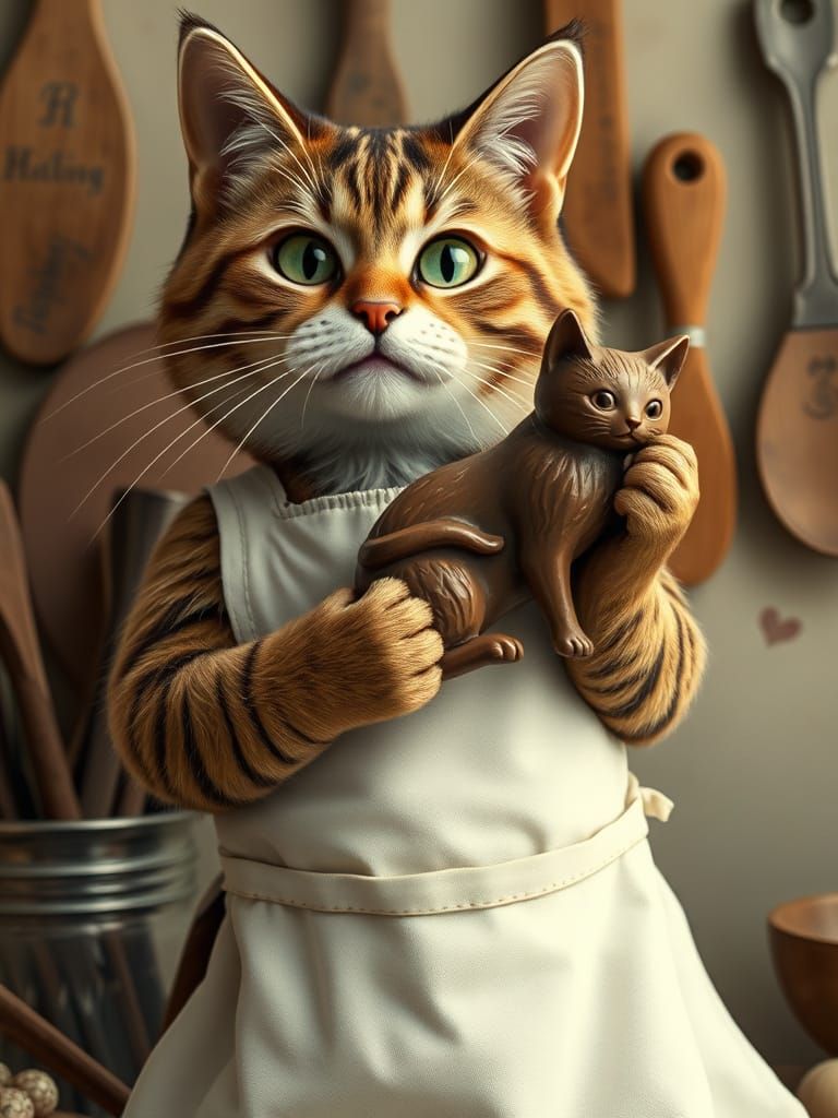 Whiskered Cat Makes Chocolate Sculpture