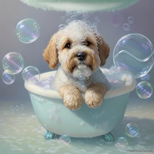Wheaten Terrier puppy in a bubble bath