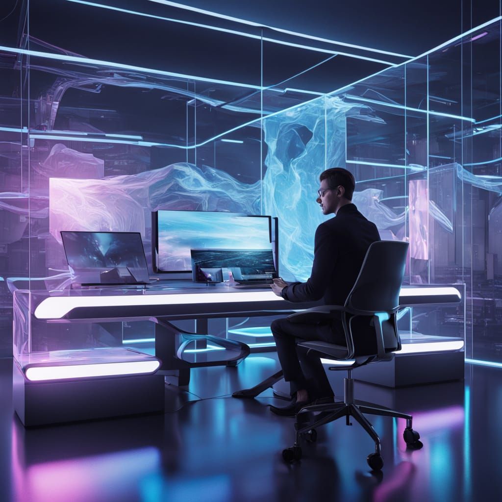 Futuristic Workspace with Holographic AI Displays