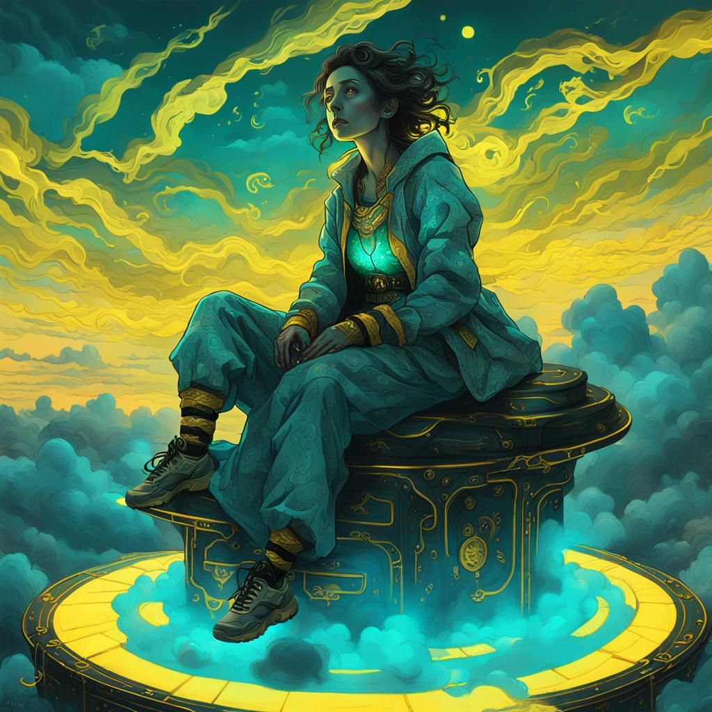Woman on Cloud in Dark Fantasy Art Style