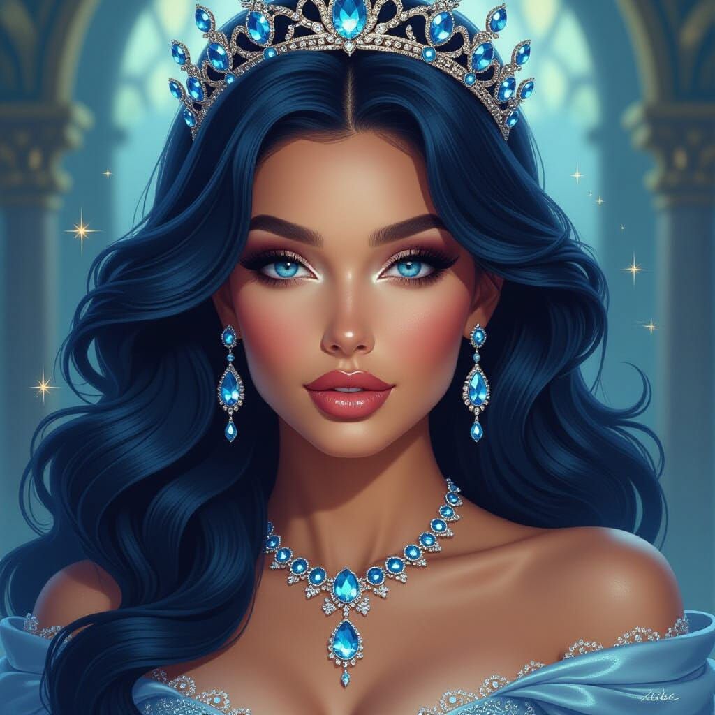 Regal Queen Portrait with Sapphire Hair and Jewels