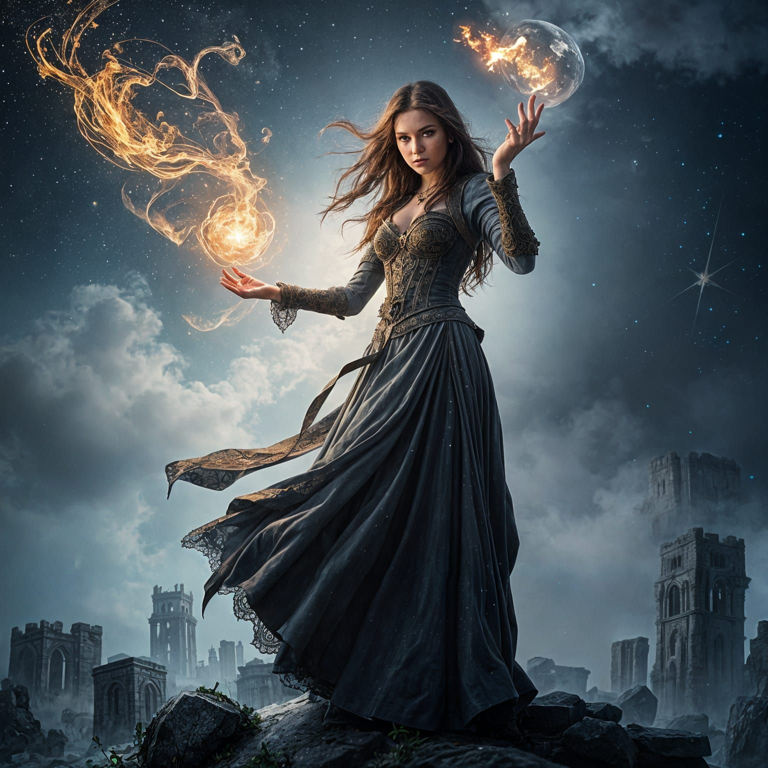 Sorceress Goddess Defies Time Amidst Cosmic Ruins