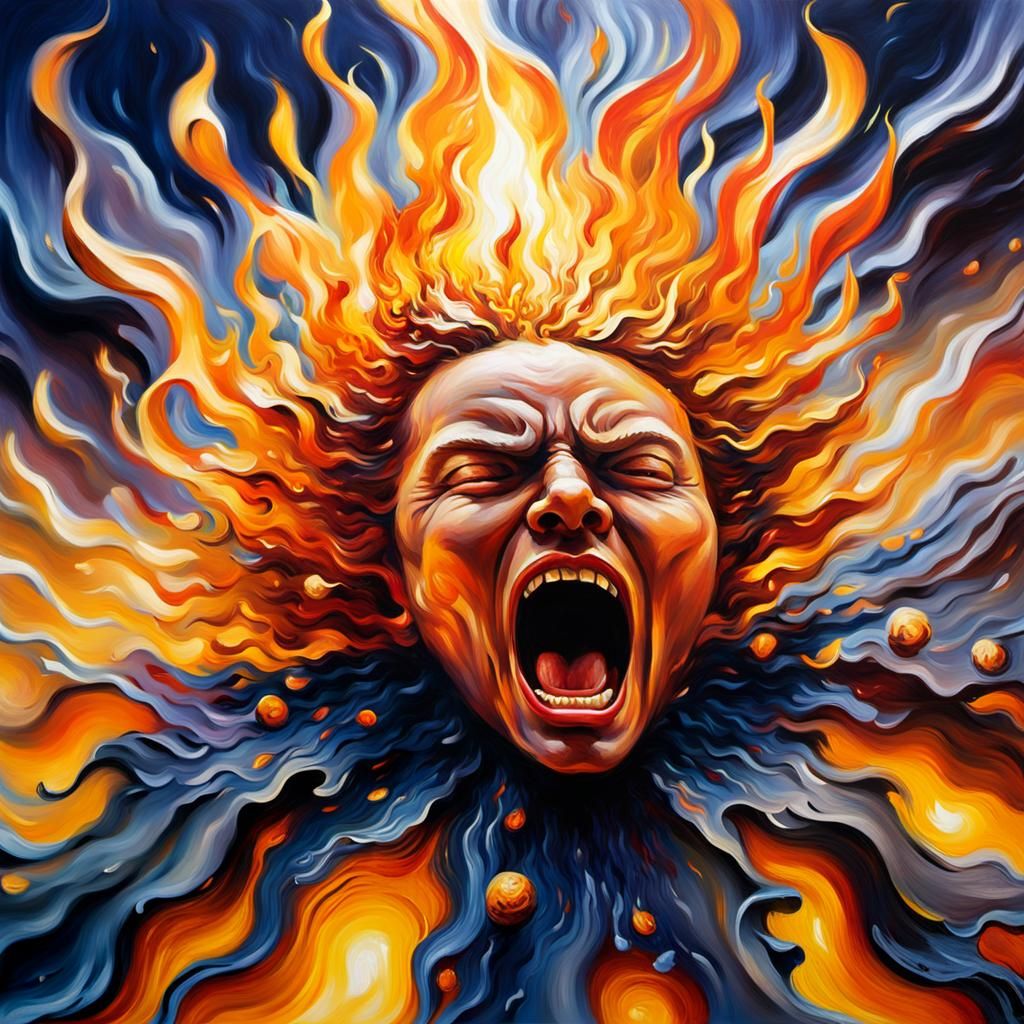 Fiery Expressionist Portrait in Burning Cityscape