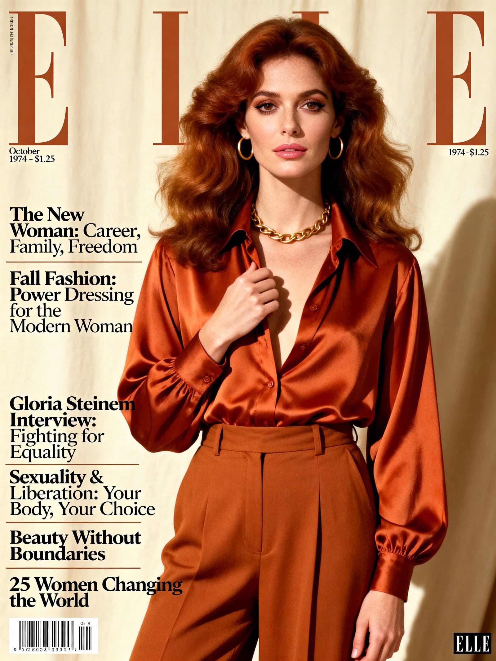 1970s Woman in Silk Blouse and Wide-Leg Trousers