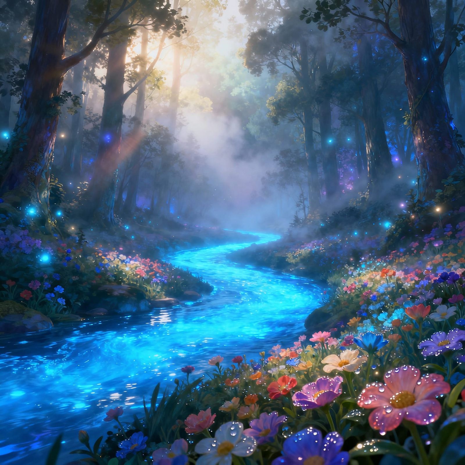 Enchanted Forest River with Glowing Flowers