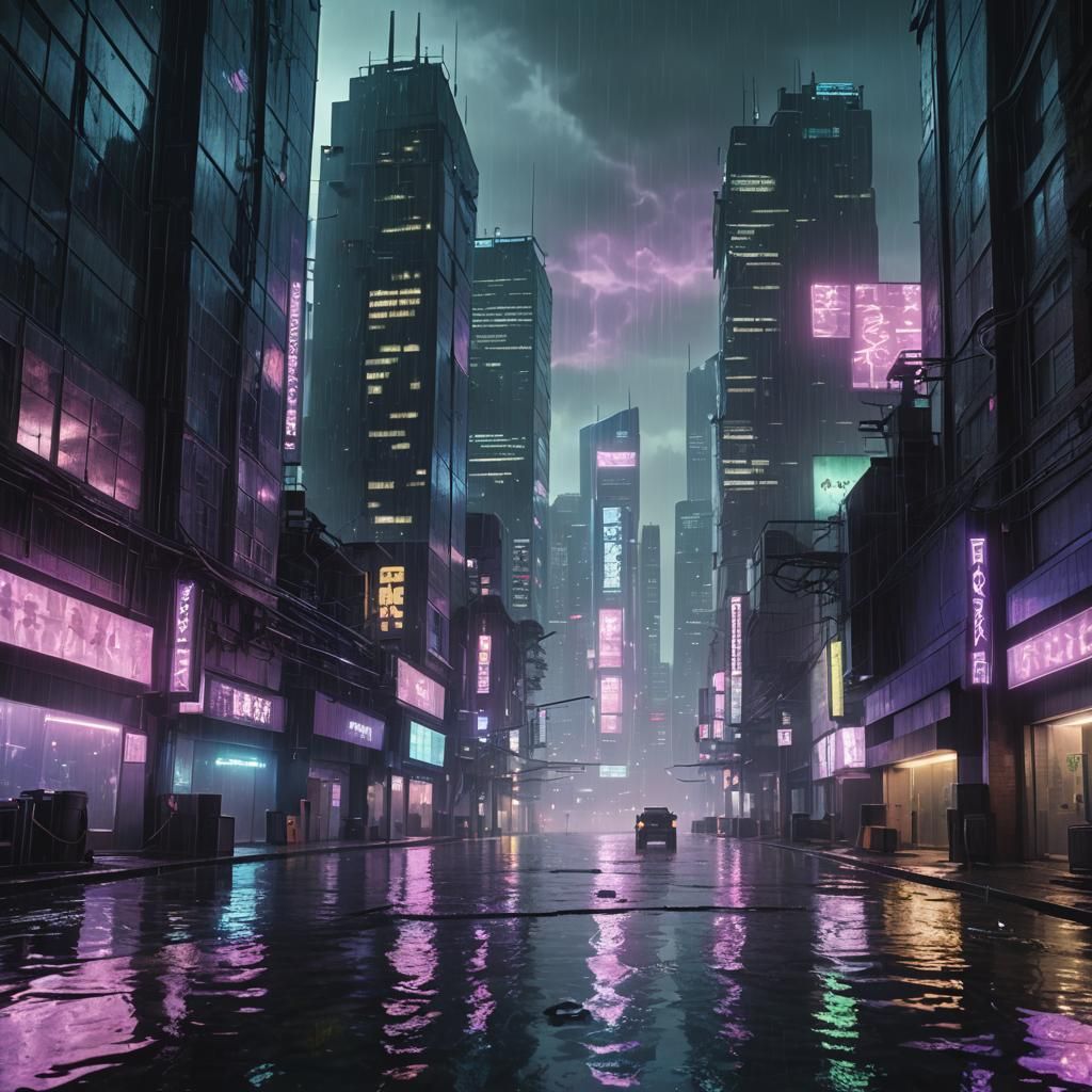 Cyberpunk Cityscape with Neon Reflections