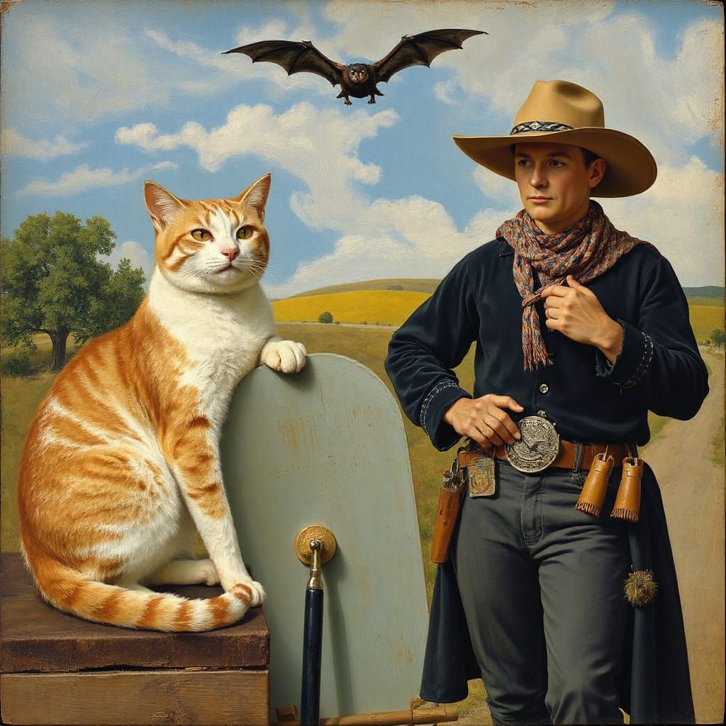 Cowboy and Cat with Bat in Cezanne and Magritte Style