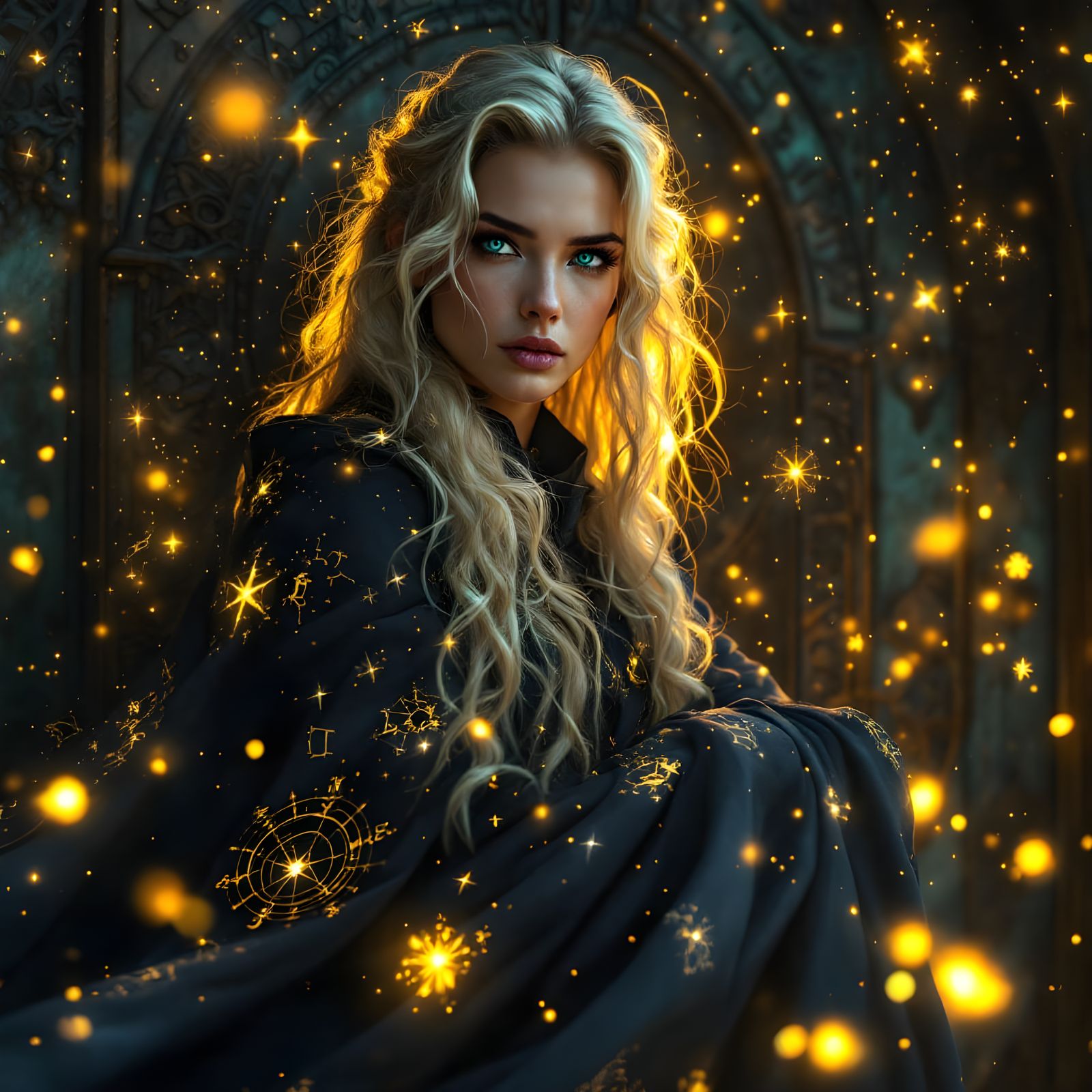 Regal Guardian Watches Over Ancient Door in Ethereal Glow