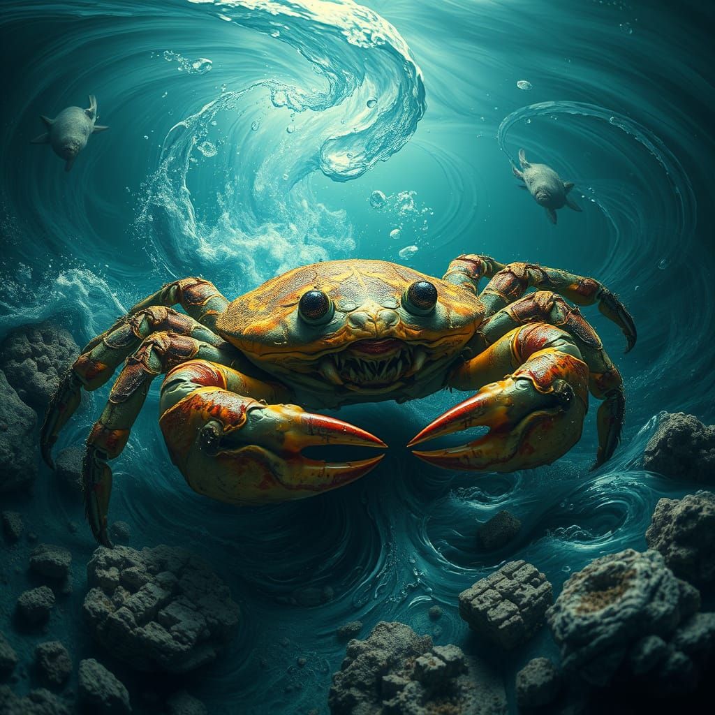 Comical Gritty Crab in Dramatic Ocean Depths