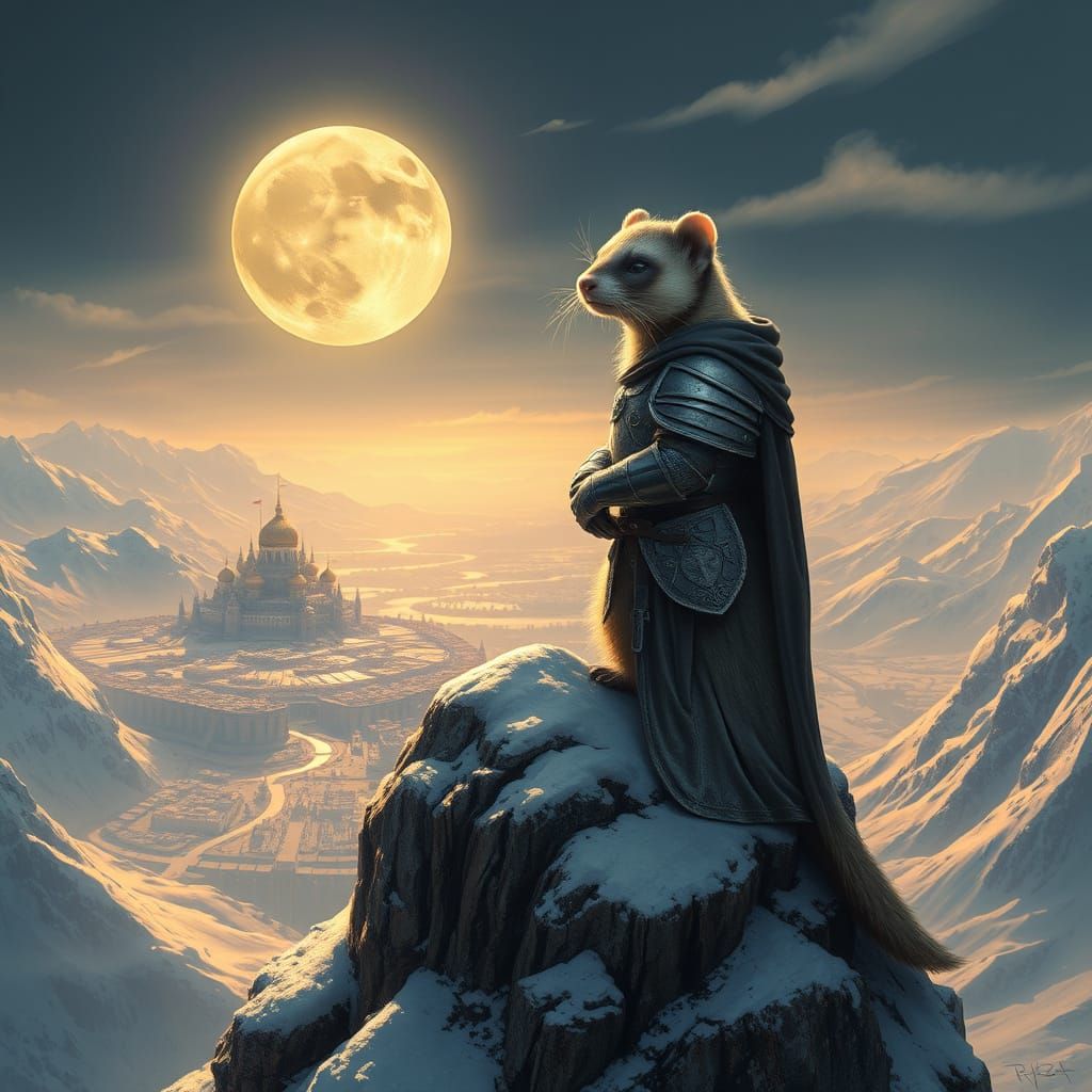 Ferret Knight on Mountain Peak in Hyperrealistic Style