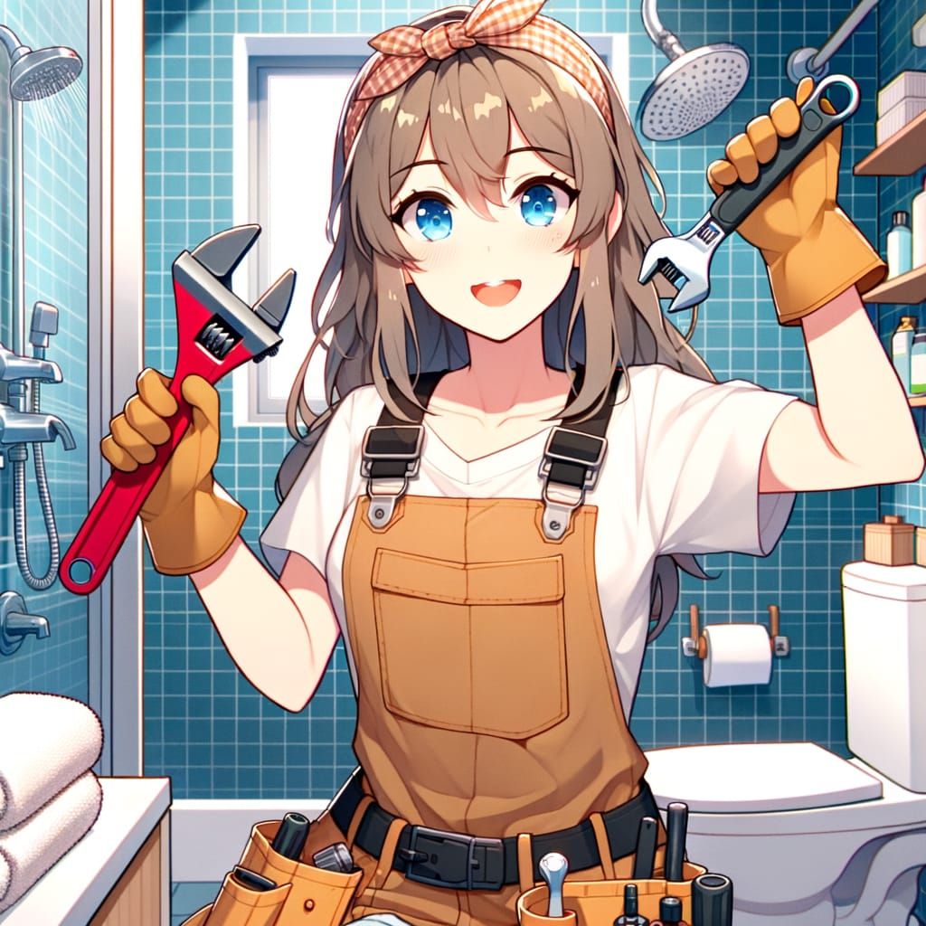 Anime Girl Repairs Bathroom Shower with Wrench
