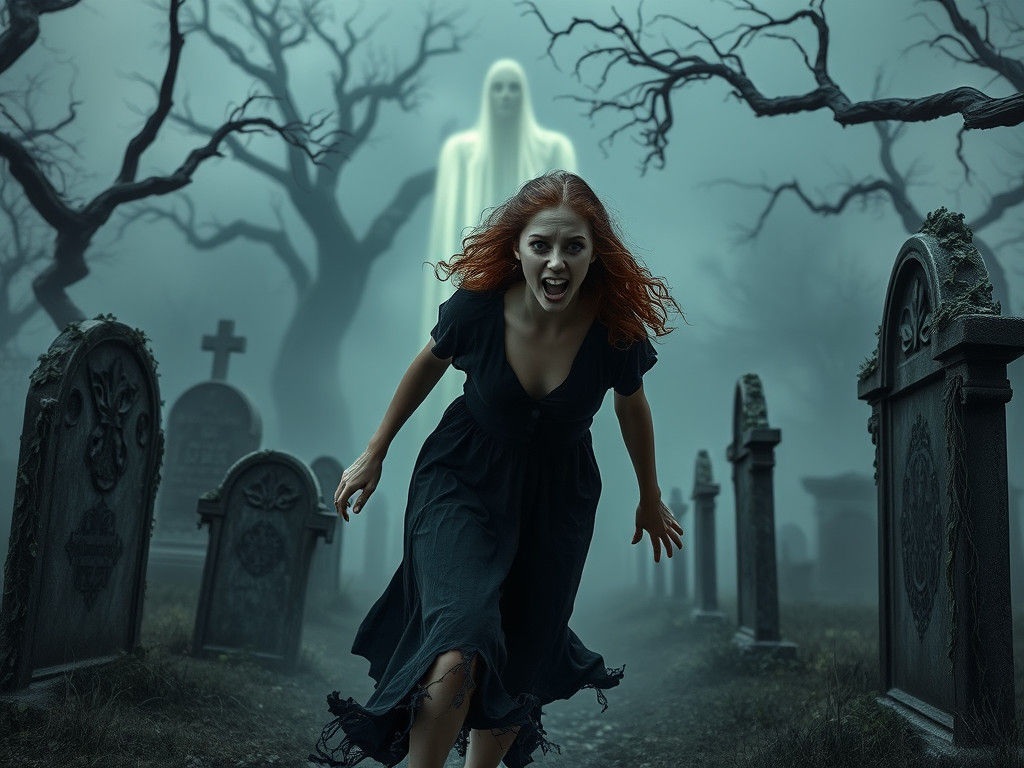 Woman Fleeing Ghost in Graveyard, Surreal Art