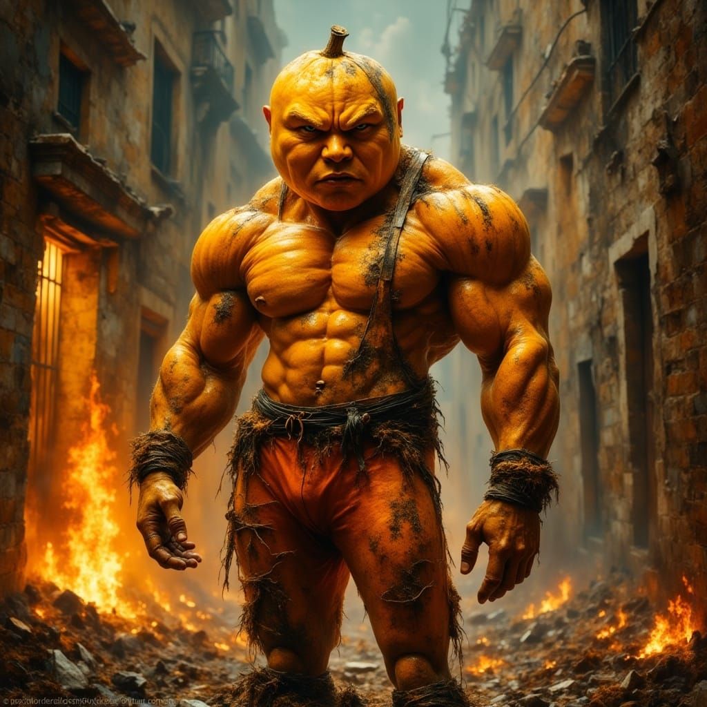 Fuming Kumquat Bodybuilder in Hyperrealistic Style