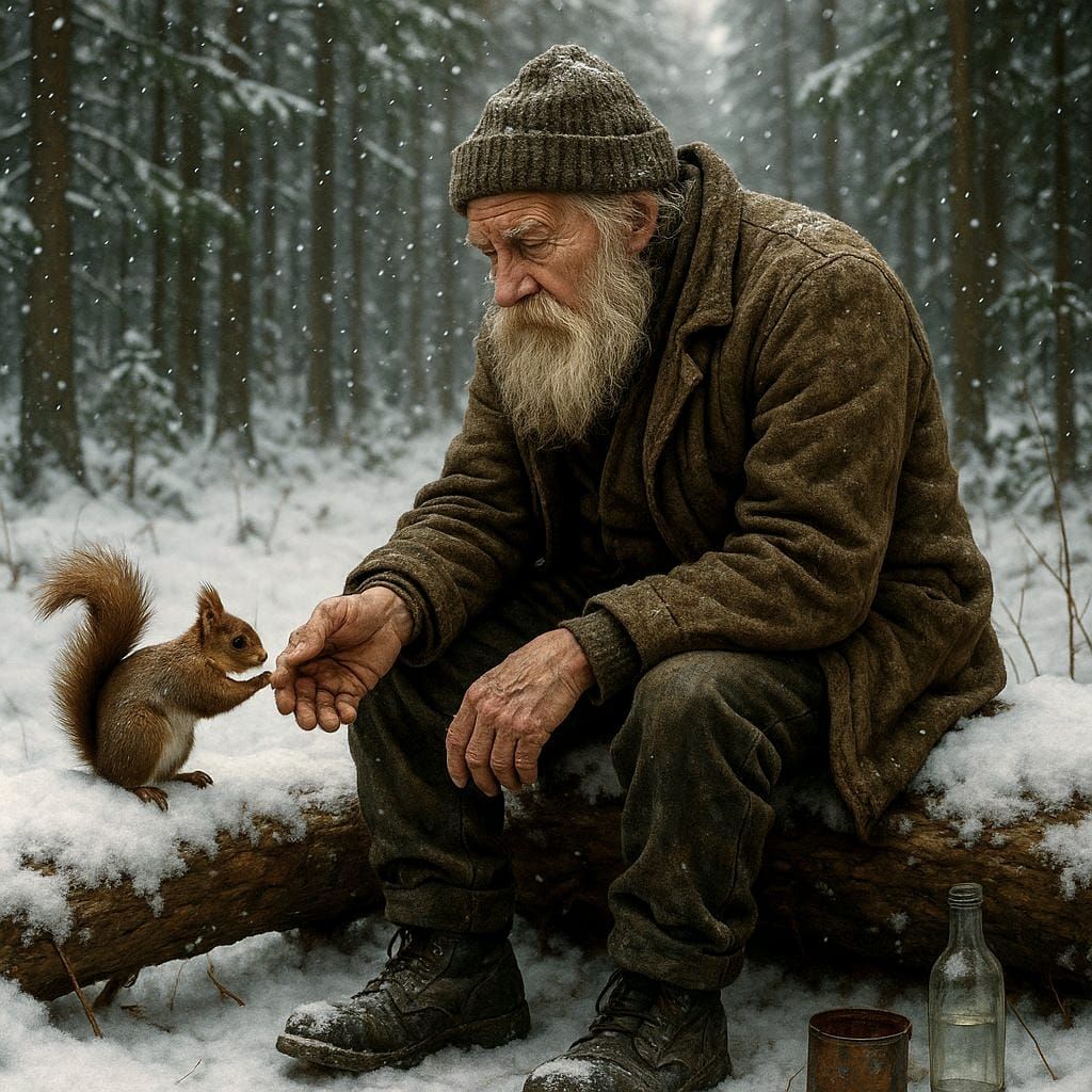 Touching Moment: Man and Squirrel in Winter Forest