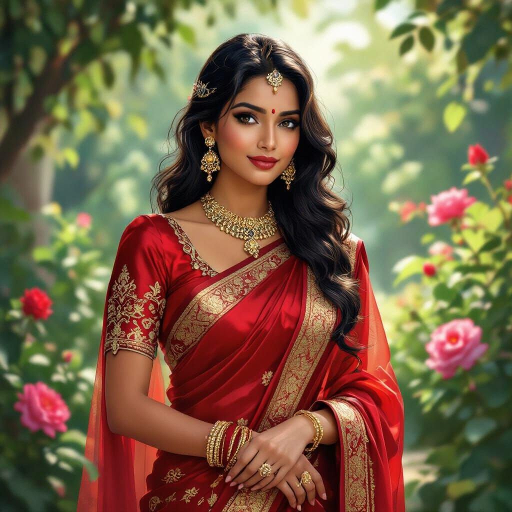 Indian Woman in Red Saree with Gold Embroidery in Garden