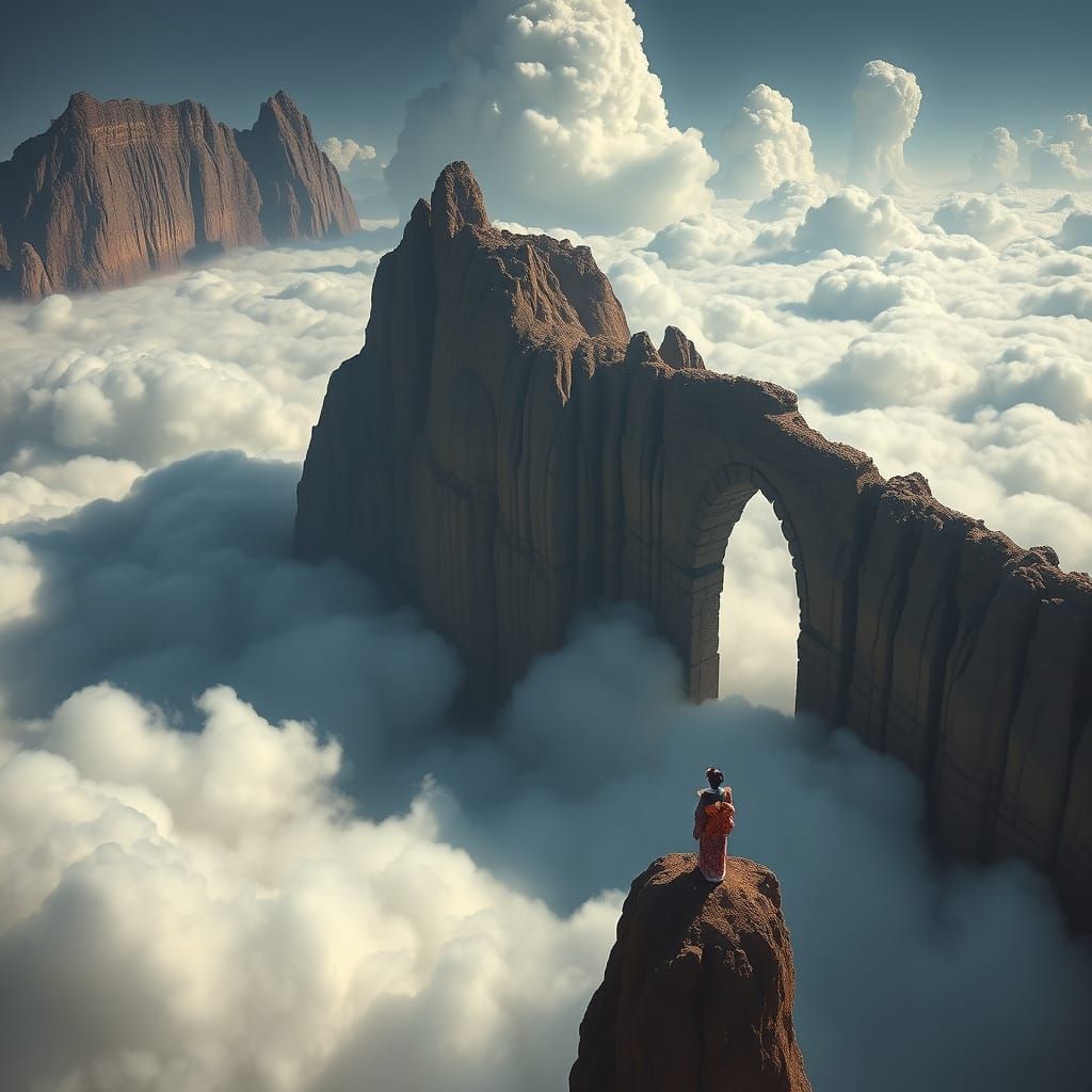 Surrealist Fantasy Landscape with Steep Cliffs and White Clo...