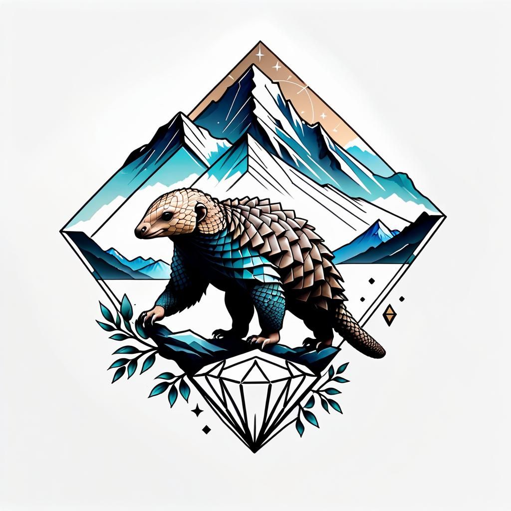 Pangolin & Mountain Geometric Tattoo Idea