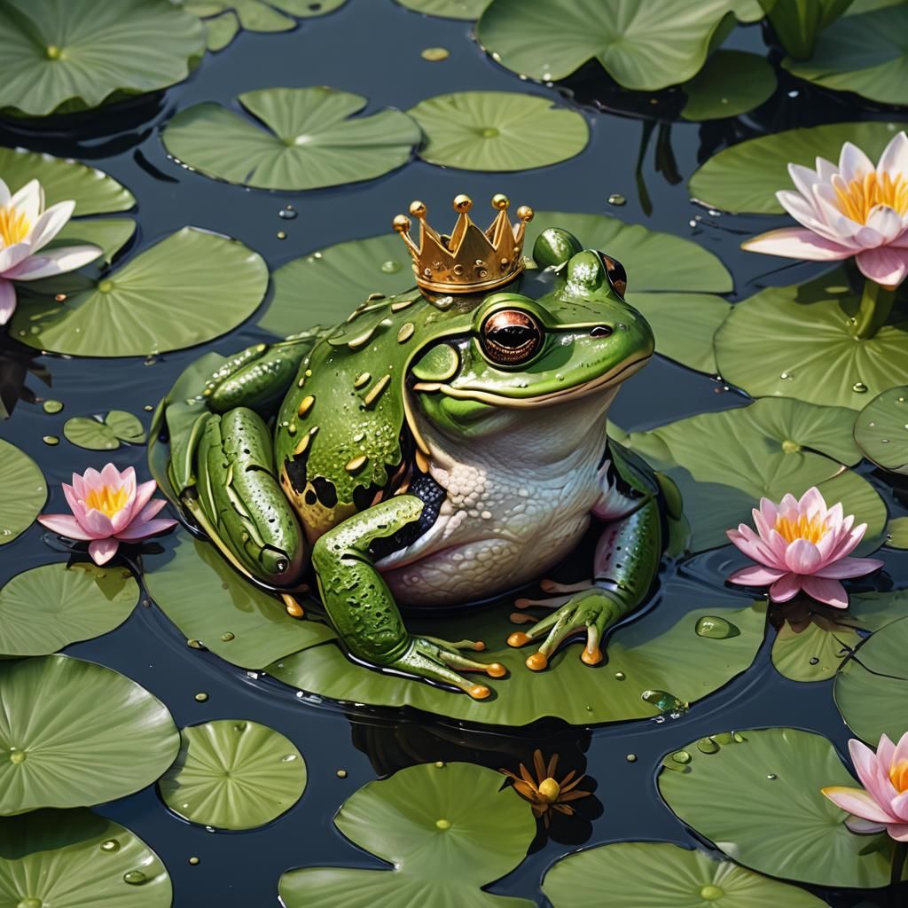 Frog Prince on Lily Pad in Hyperrealistic Digital Art
