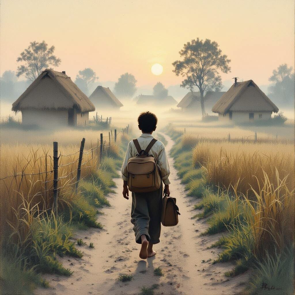 Rural Village at Dawn: Boy's Serene Walk