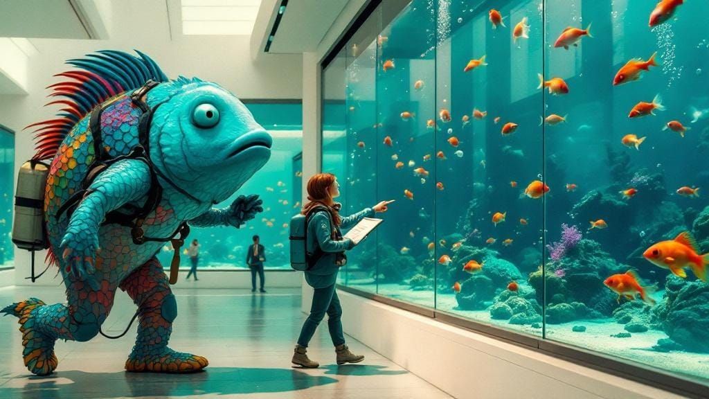 Surreal Gallery: Walking Fish Observe Humans in Tanks