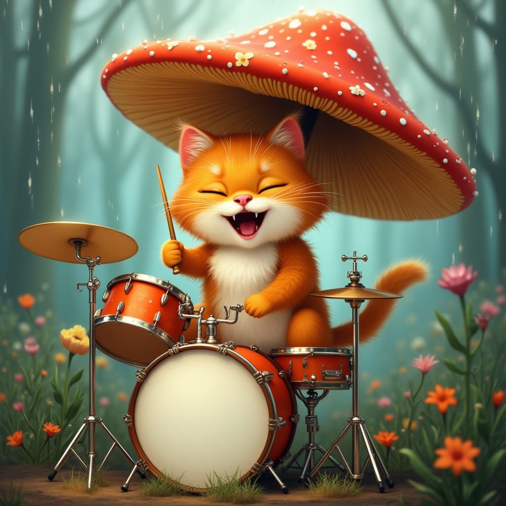 Hyperreal Cartoon Cat Plays Drums Under Giant Flower Umbrell...