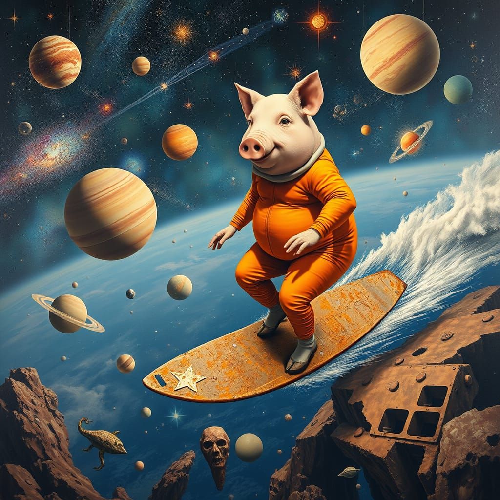 Cosmic Surfer in Dreamlike Surrealism