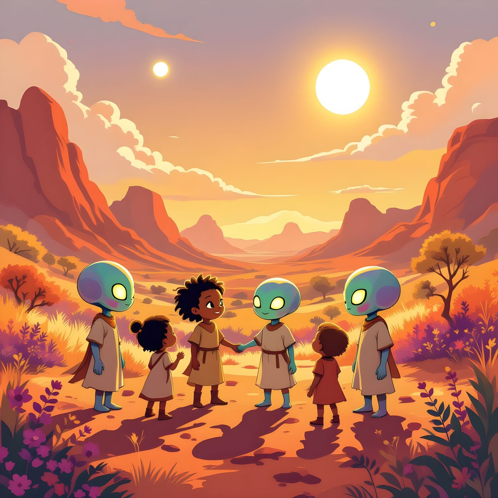 Alien and Human Children Play on Vibrant Mars Landscape