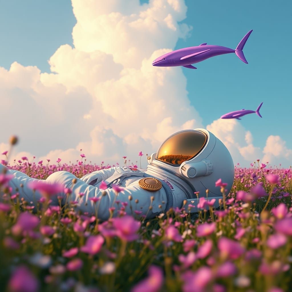 Astronaut in Meadow with Flying Whales