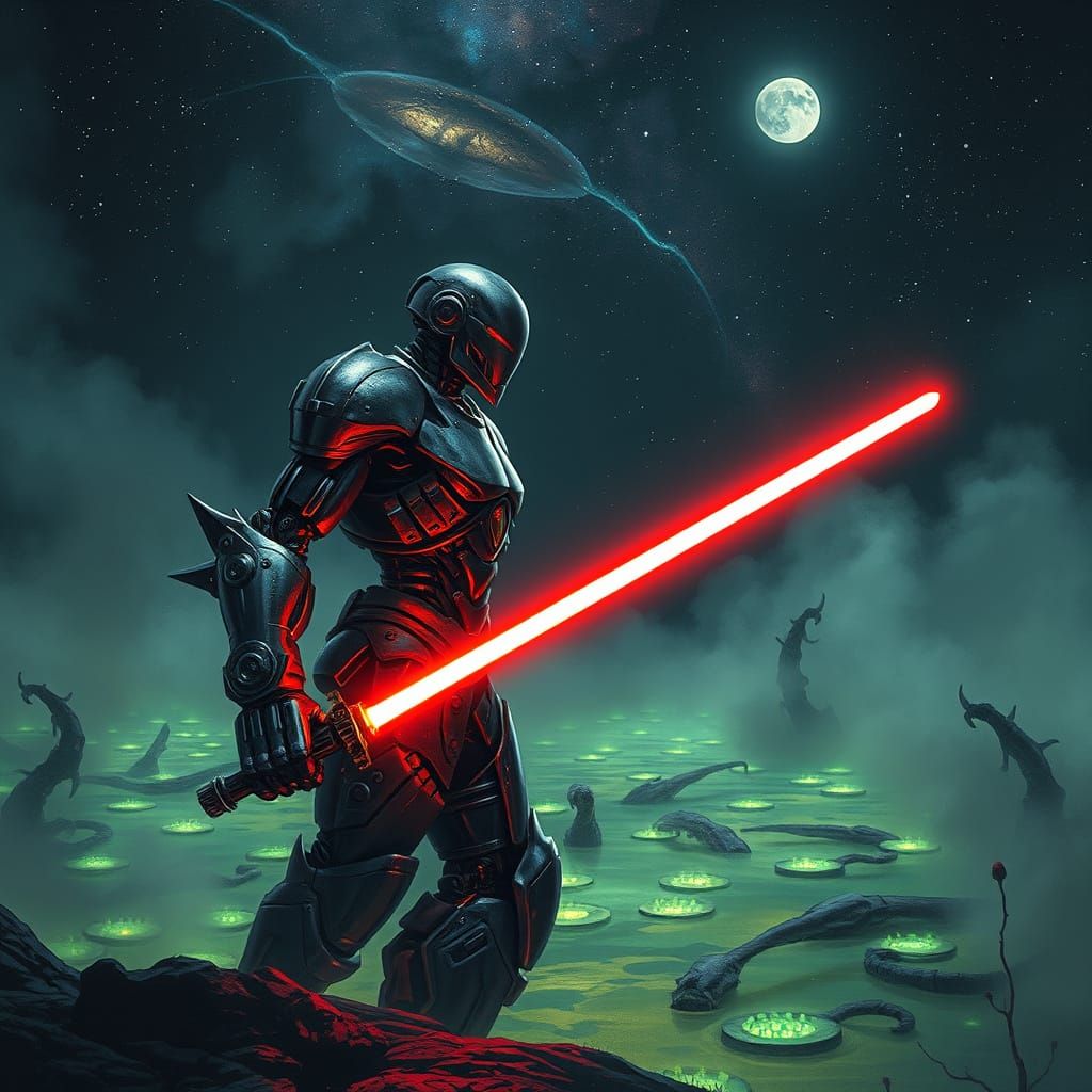 Chrome Robot Warrior with Crimson Lightsaber in Bioluminesce...