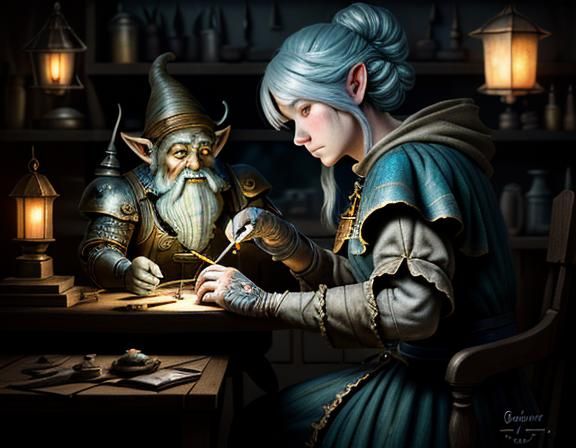 Gnome Repairing Automaton in Dark Fantasy Style