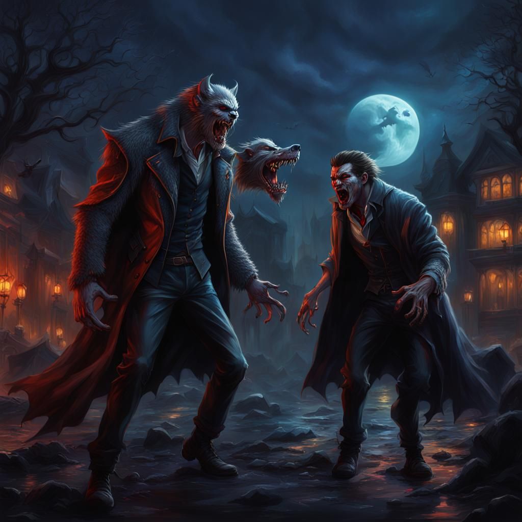 Hyperrealistic Vampire and Werewolf Splash Art