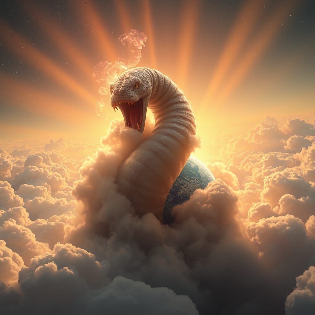 Nebula Worm Devouring Earth in Golden Light
