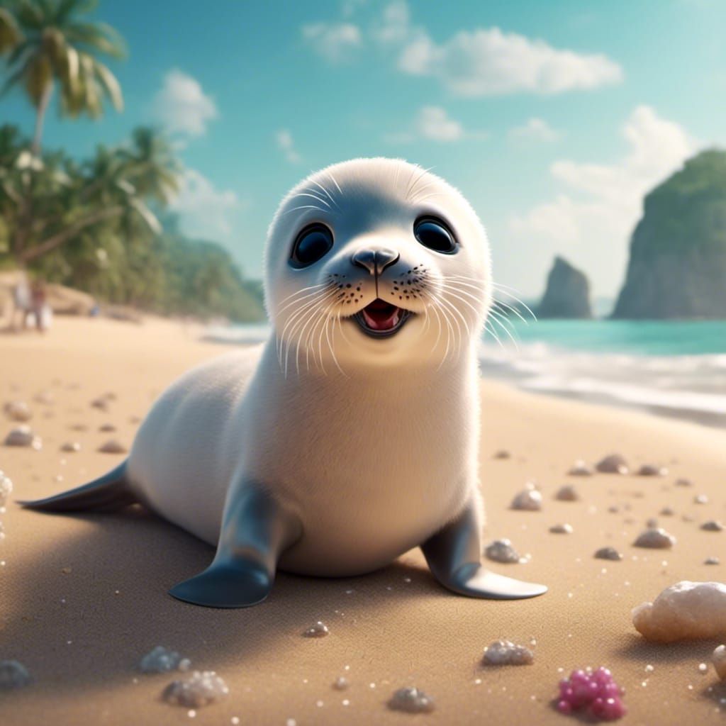Kawaii Baby Seal on Tropical Beach