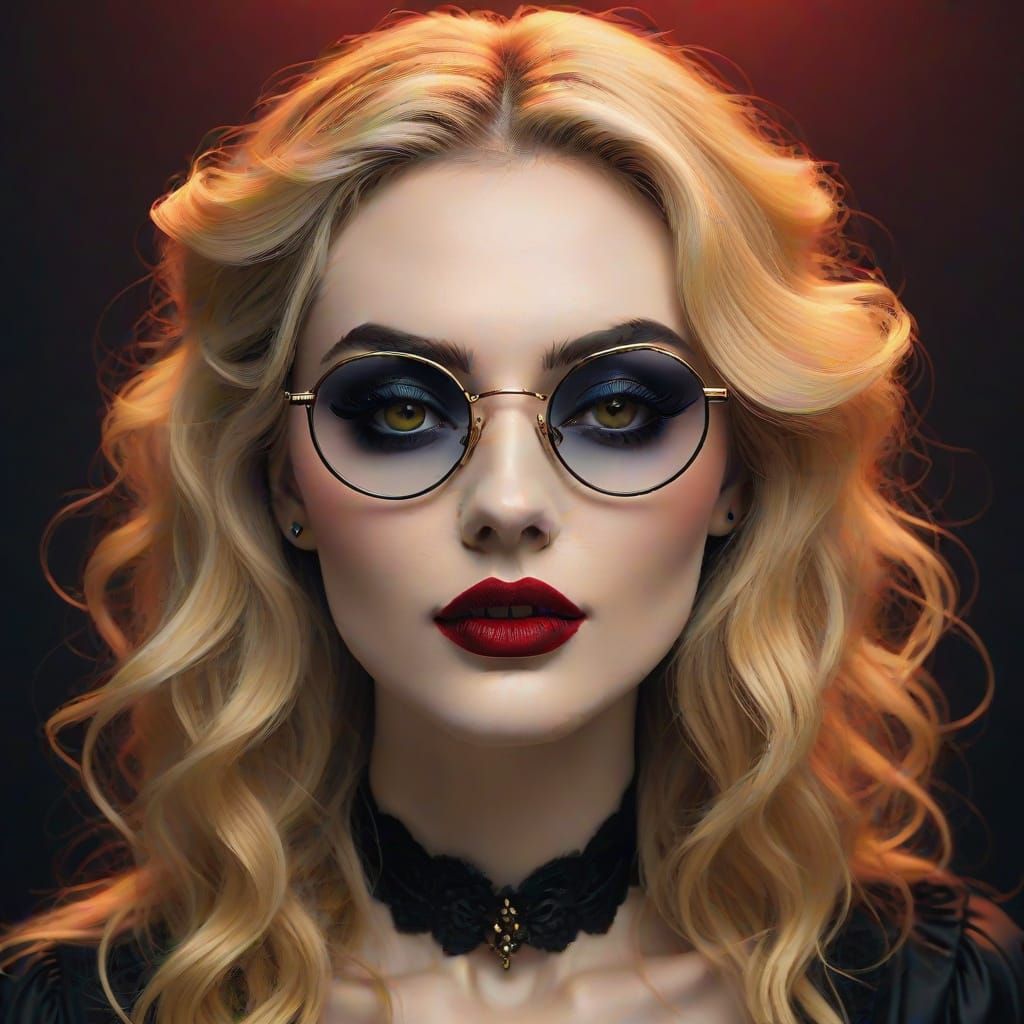 Mystical Woman in Vintage Glasses with Red Eyes