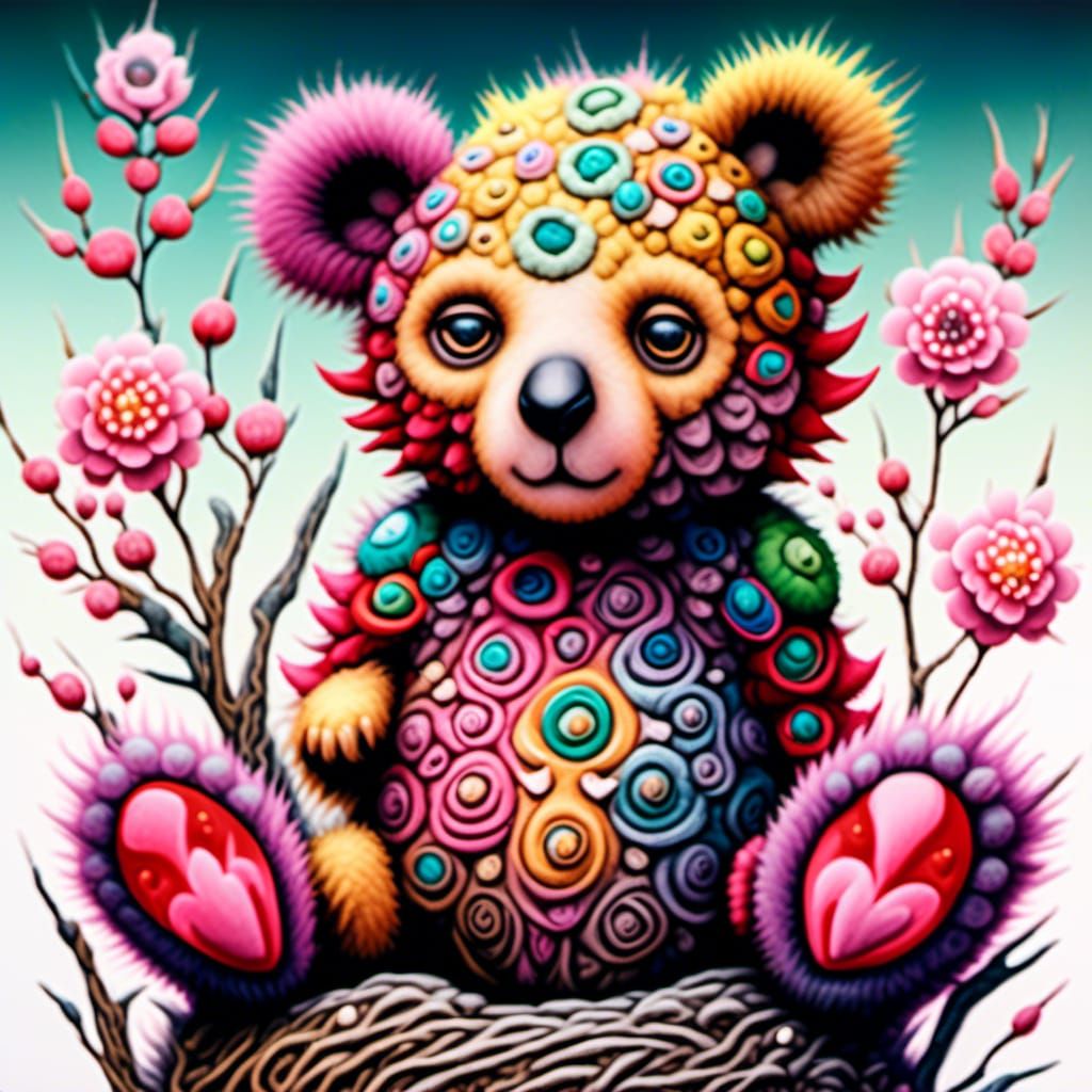 Alien Teddy Bear in Japanese Watercolor Tree