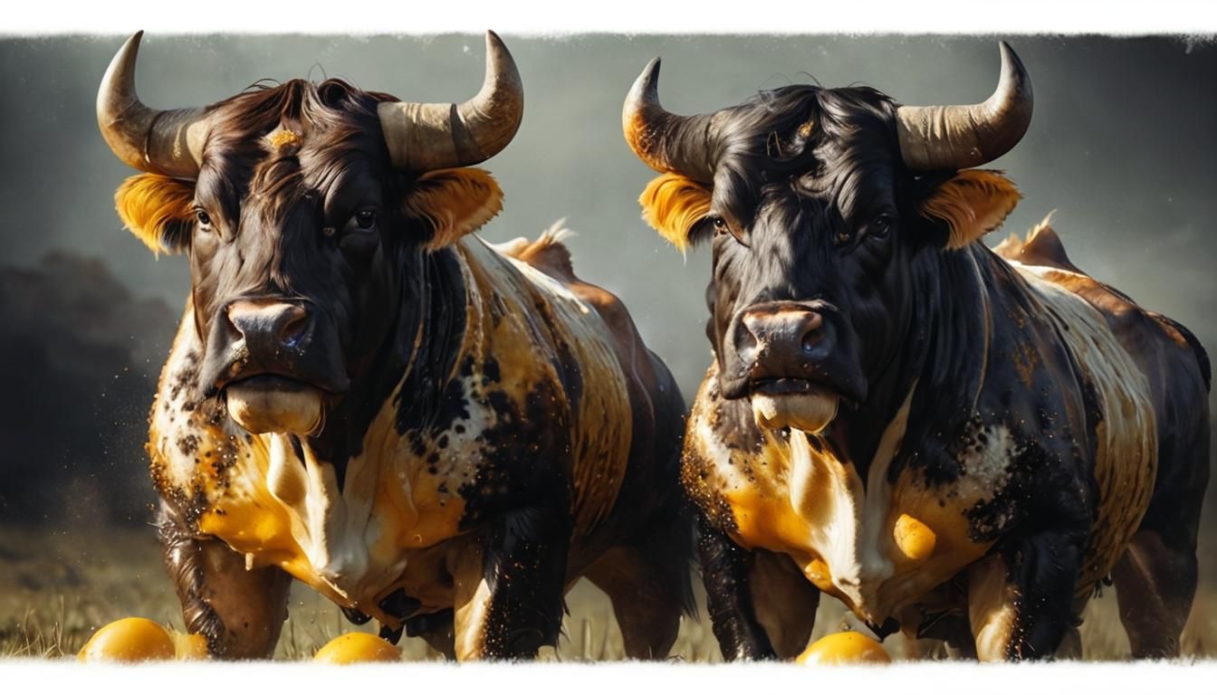 Yolked Bulls in Field with Rembrandt Lighting
