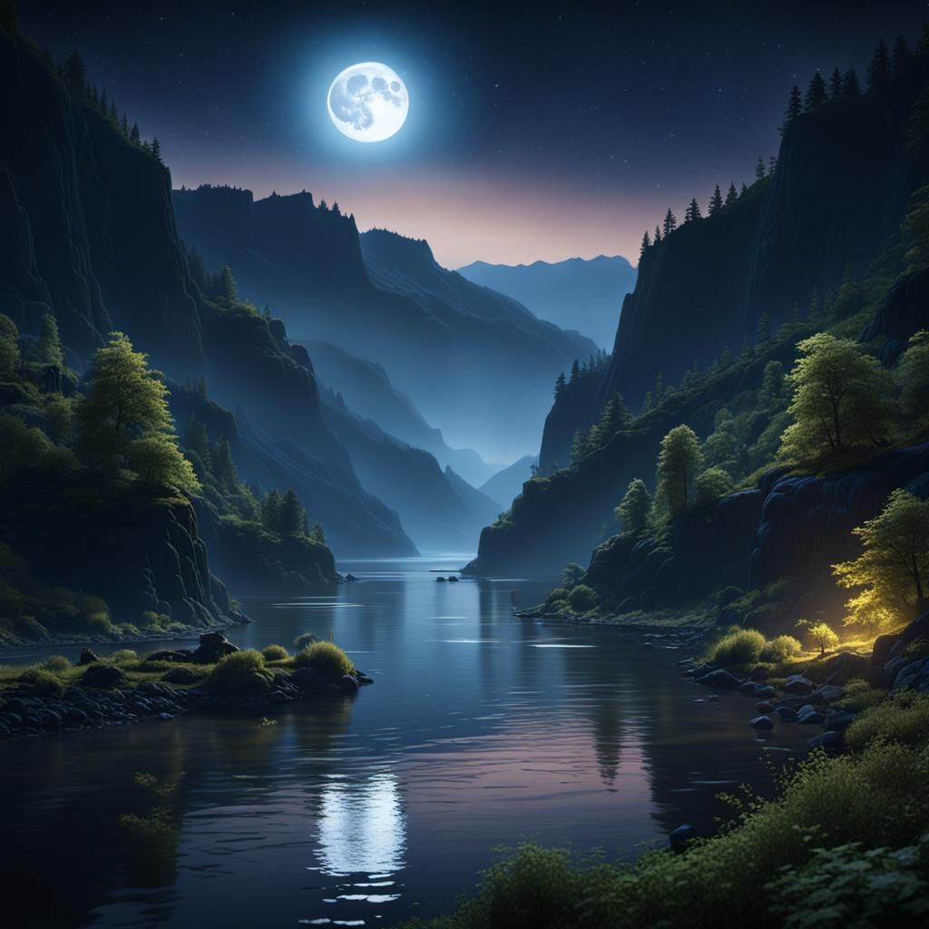 Moonlit Columbia River Gorge: Fantasy Concept Art