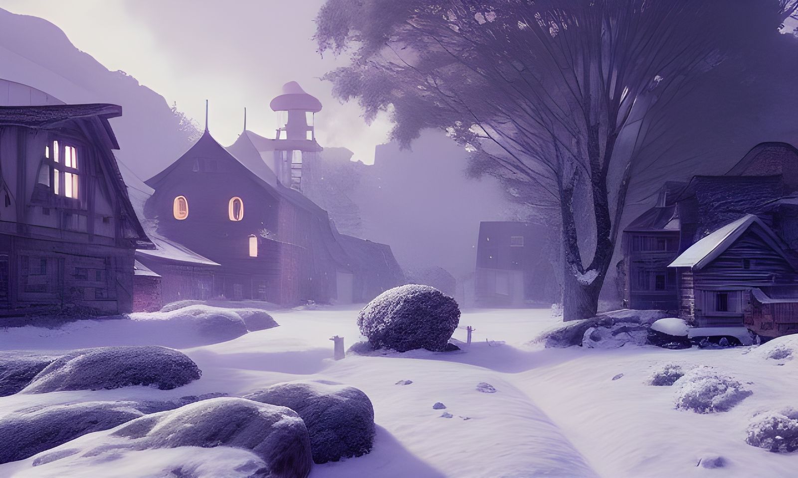 Snowy Village in Detailed Matte Painting Style
