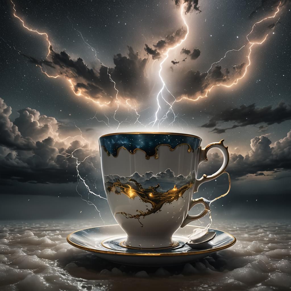 Giant Teacup Floating in Space on Stormy Night