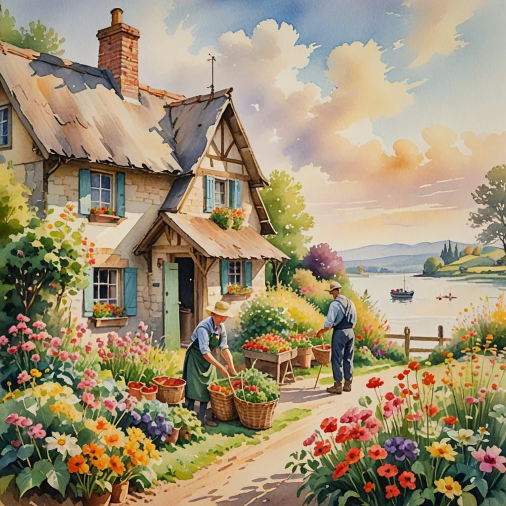Watercolor Cottage Scene with Couple Gardening