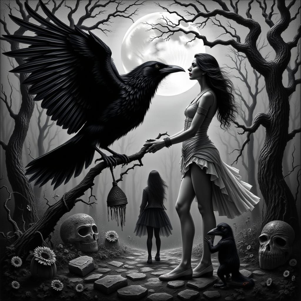 Mysterious Woman and Raven in Dark Gothic Art