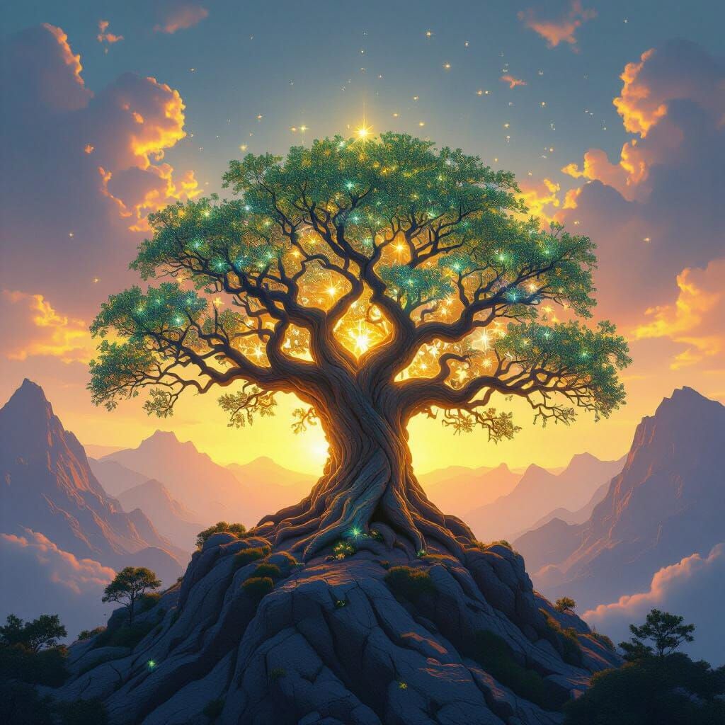 Glowing Tree of Life on Mountain Peak in Golden Light