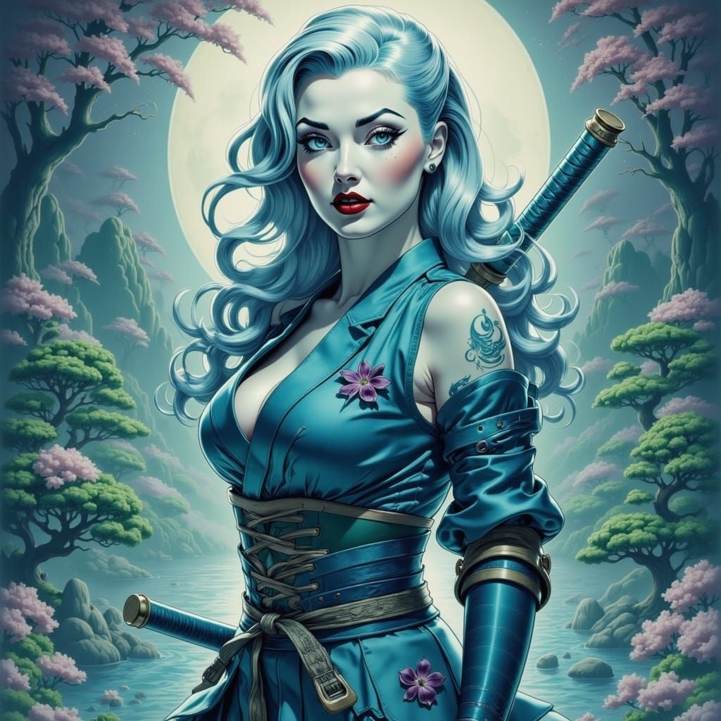 Elegant Samurai Under Moonlight in Surreal Japanese Garden