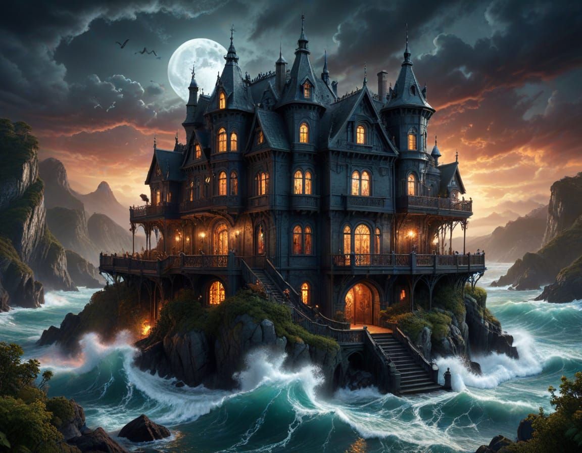 Epic Dark Fantasy Gothic Mansion Seascape in Whimsical Fairy...