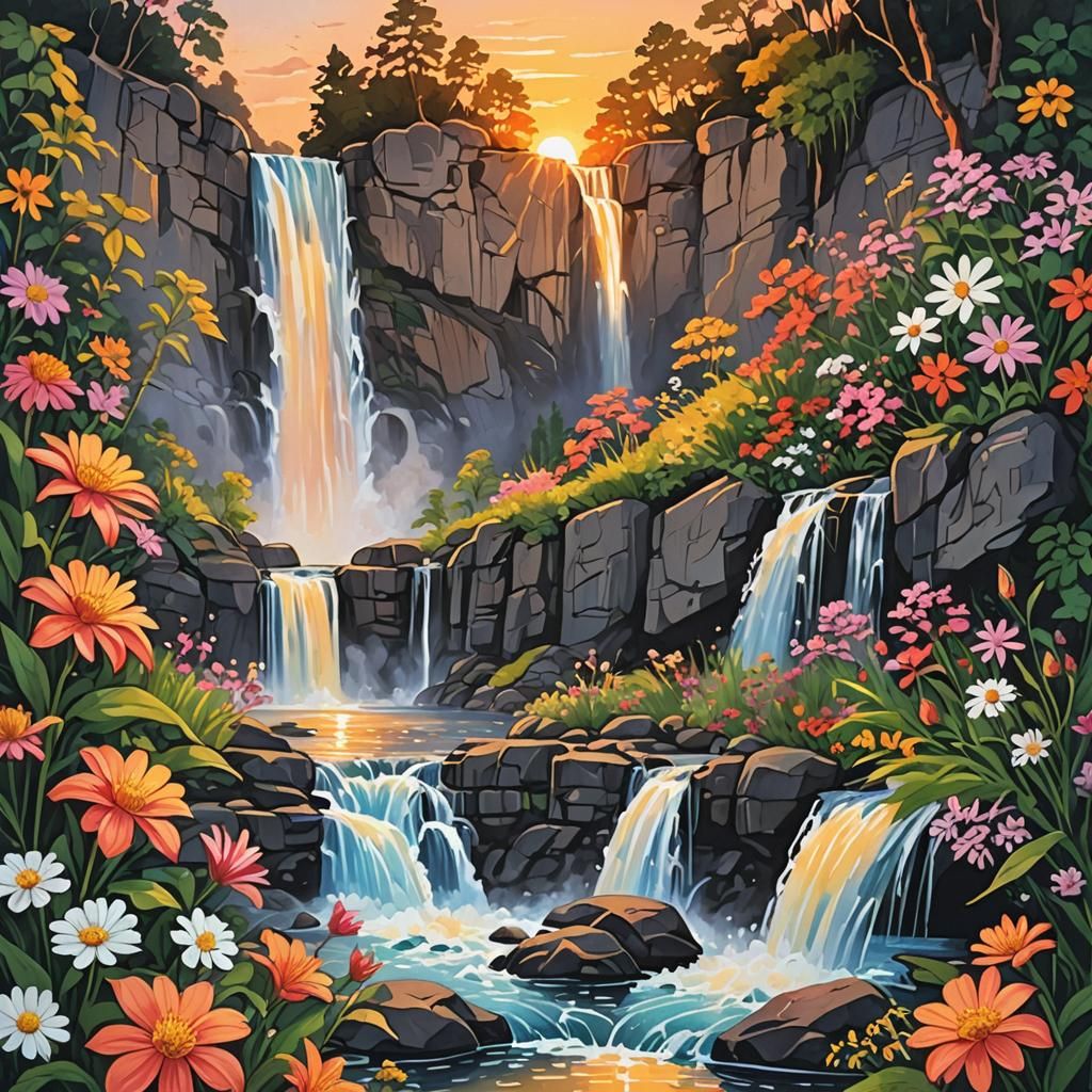 Gouache Waterfall Sunset with Flowers