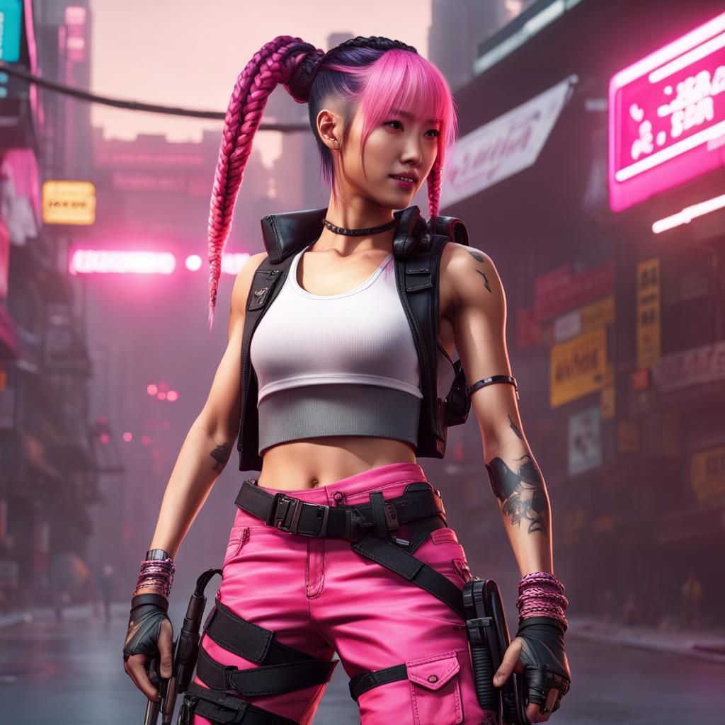Smiling Asian Woman Rollerblading in Cyberpunk Style