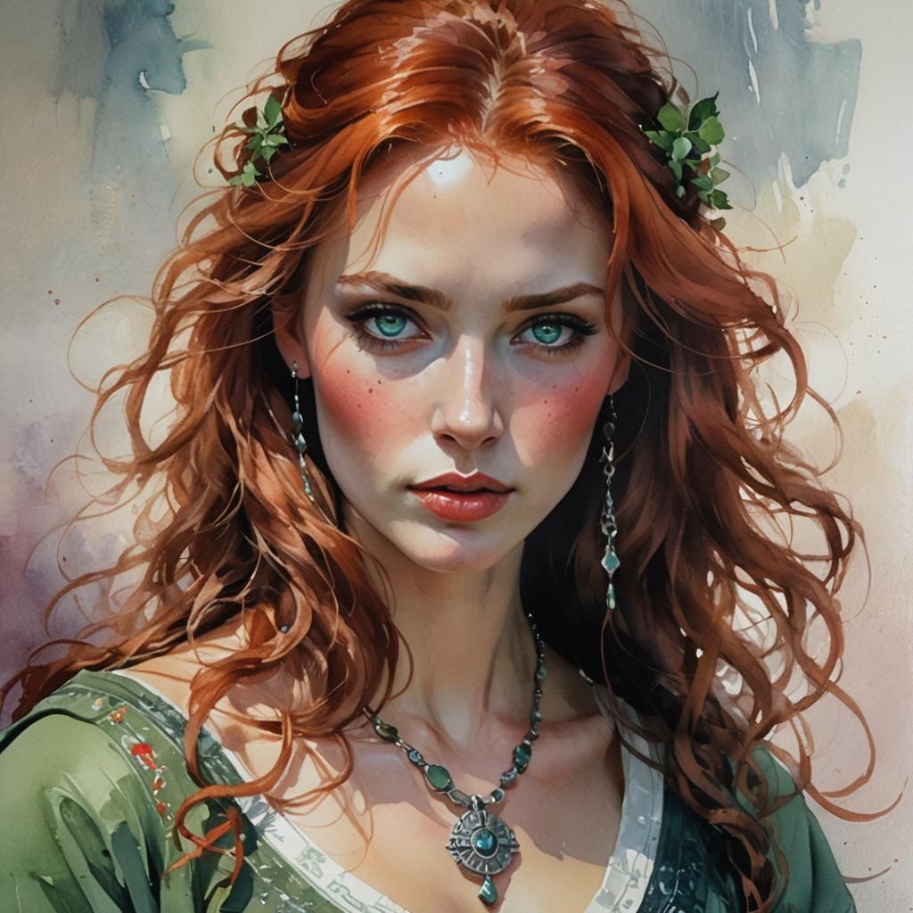 Watercolor Norse Woman with Red Hair