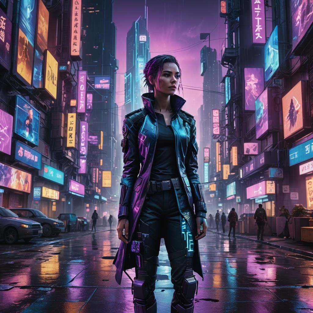 Gritty Cyberpunk Woman in Futuristic Cityscape at Night