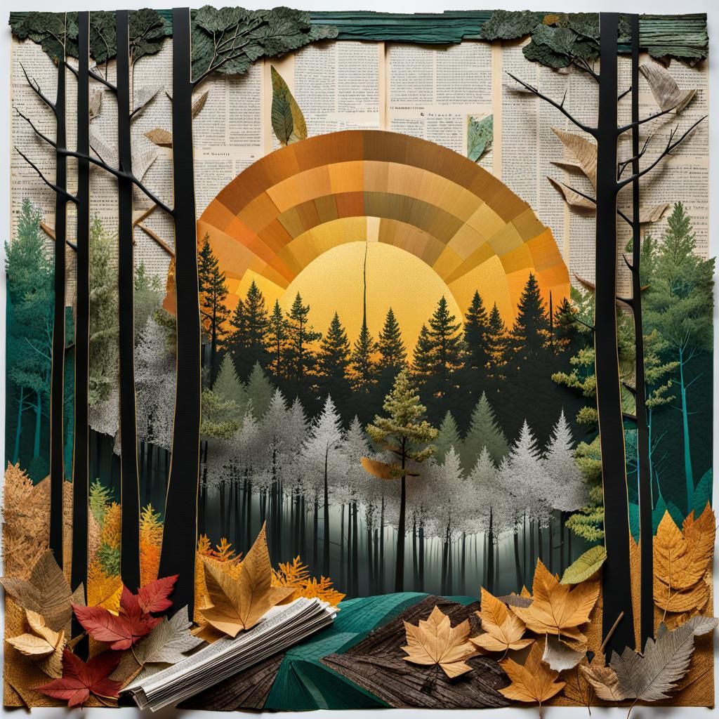 Hyperrealistic Forest Collage with Mixed Media Elements