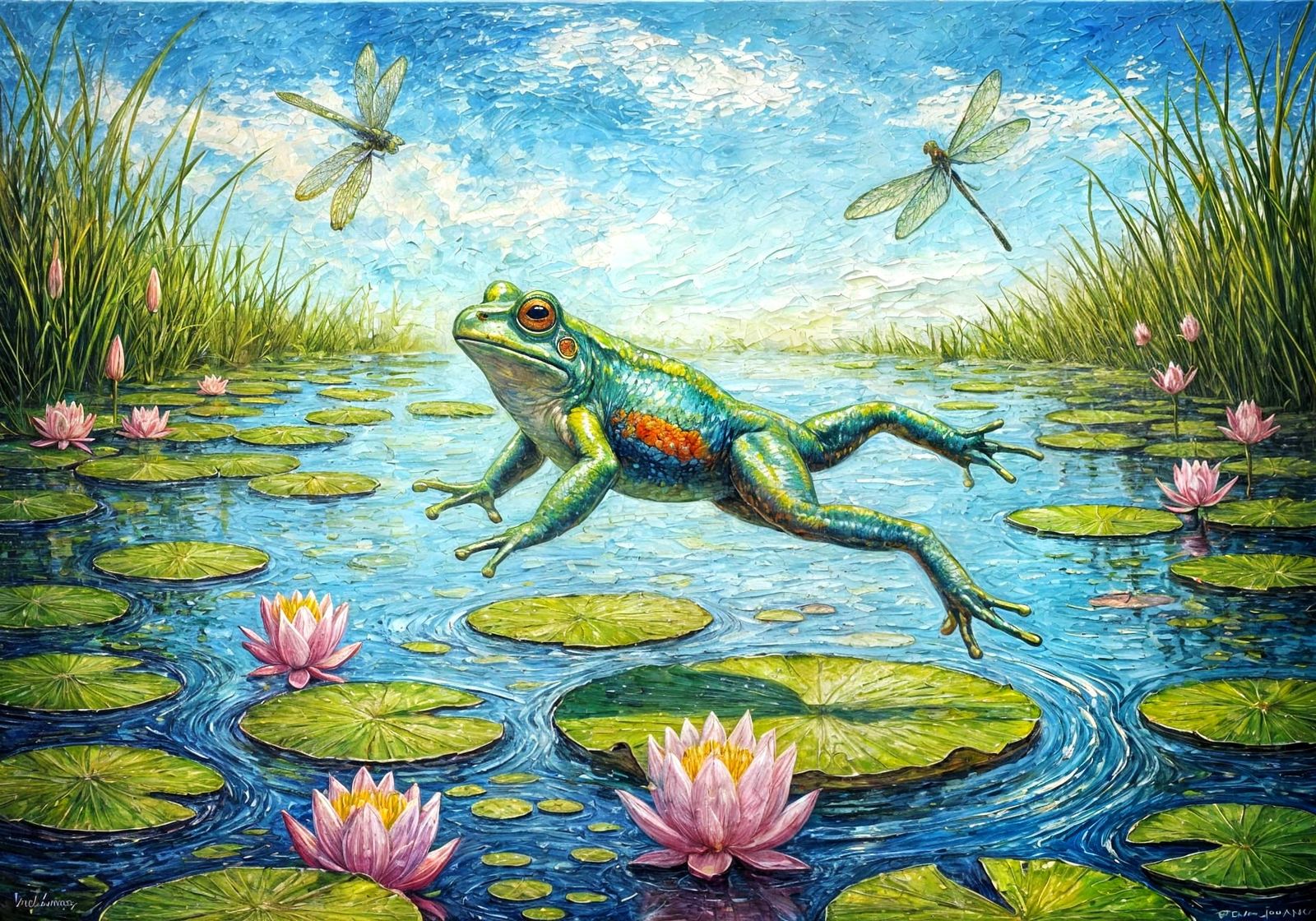 Surreal Frog Leaping Over Lily Pad in Vibrant Style